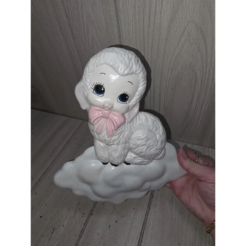 Vintage Ceramic Hand Painted Lamb Big Eyes On A Cloud Nursery Childs Room Wall